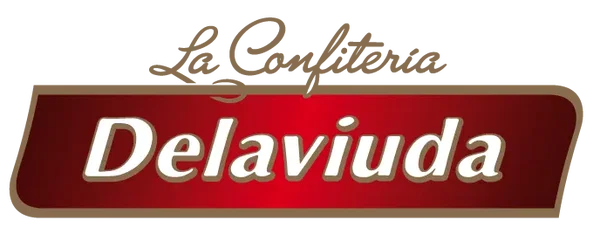 Logotipo de Delaviuda con la leyenda La Confitería en dorado sobre un fondo rojo y marco dorado.