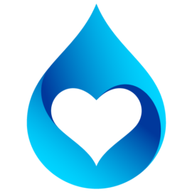 Gota de agua azul con un corazón blanco en el centro sobre fondo negro.