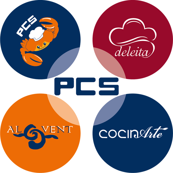 Logotipos circulares con las marcas PCS, deleita, AL VENT y cocinArte sobre fondo negro.