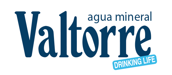 Logotipo de Valtorre con el texto agua mineral y el lema traducido "vida bebiendo".