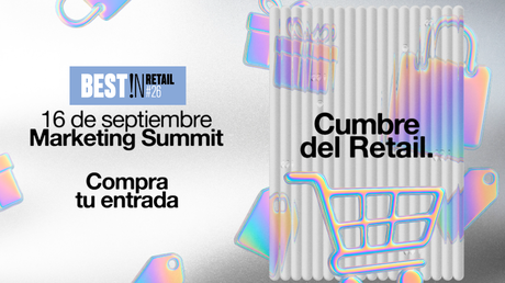 Cartel promocional con el logo BEST!N RETAIL #26, texto '16 de septiembre', 'Compra tu entrada', cumbre de marketing y un íd.