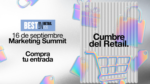 Cartel promocional con el logo BEST!N RETAIL #26, texto '16 de septiembre', 'Compra tu entrada', cumbre de marketing y un íd.