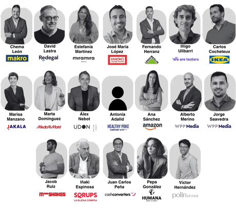 Collage de retratos en blanco y negro de profesionales con logos de marcas como makro, KIWOKO, IKEA, amazon, MediaMarkt y UDÒ