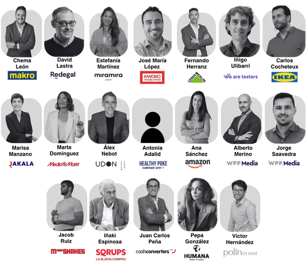 Collage de retratos en blanco y negro de profesionales con logos de marcas como makro, KIWOKO, IKEA, amazon, MediaMarkt y UDÒ