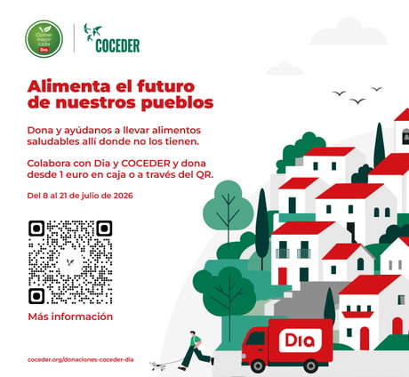 Cartel de campaña solidaria con furgoneta Dia, logo COCEDER, código QR y ilustración de un pueblo.