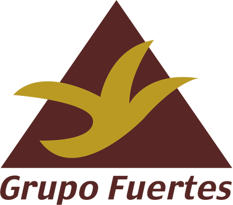 Logotipo de Grupo Fuertes con triángulo marrón y pájaro estilizado amarillo junto al texto Grupo Fuertes.