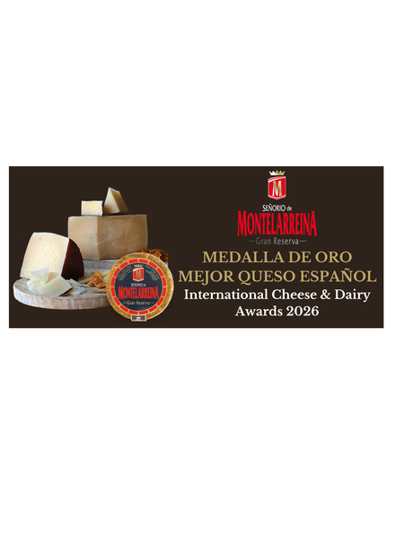 Tabla con distintos quesos y sello Montelarreina, medalla de oro al Mejor Queso Español en los Premios Internacionales de Que