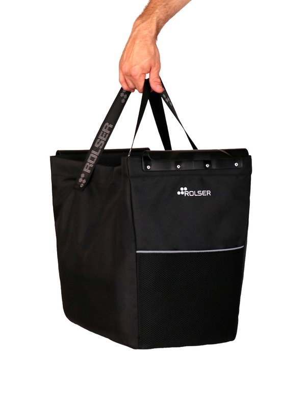 Bolsa de compra negra ROLSER con asas, sostenida por una mano.