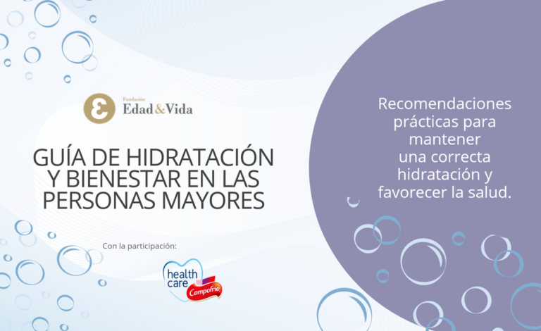 Portada de la guía de hidratación y bienestar en las personas mayores de la Fundación Edad&Vida, con logos health care y Camp