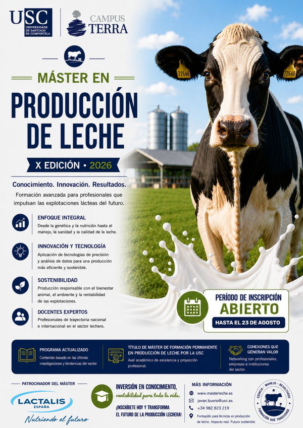 Vaca frisona delante de silos y folleto del máster en Producción de Leche con logos USC, CAMPUS TERRA y Lactalis.