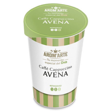 Vaso de café para llevar AROM'ARTE con diseño de rayas verdes, cappuccino de avena y logotipo DIA.