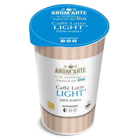 Vaso de café con leche AROM'ARTE tipo light 100% Arábica con tapa azul y logo Dia