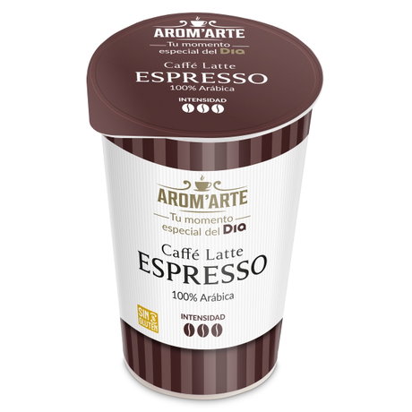 Vaso de café para llevar AROM'ARTE café latte espresso 100% Arábica con sello sin gluten y logo DIA.