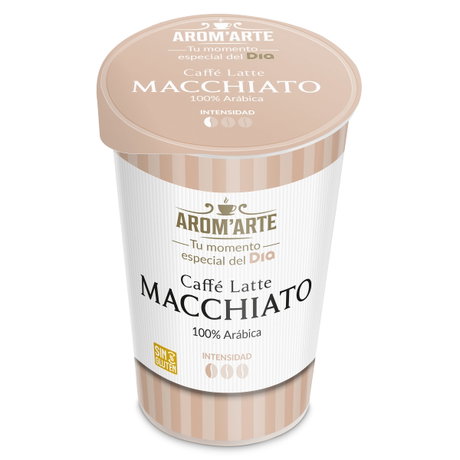 Vaso de café macchiato con tapa beige de la gama AROM'ARTE (Tu momento especial del DIA), Caffè Latte 100% arábica.