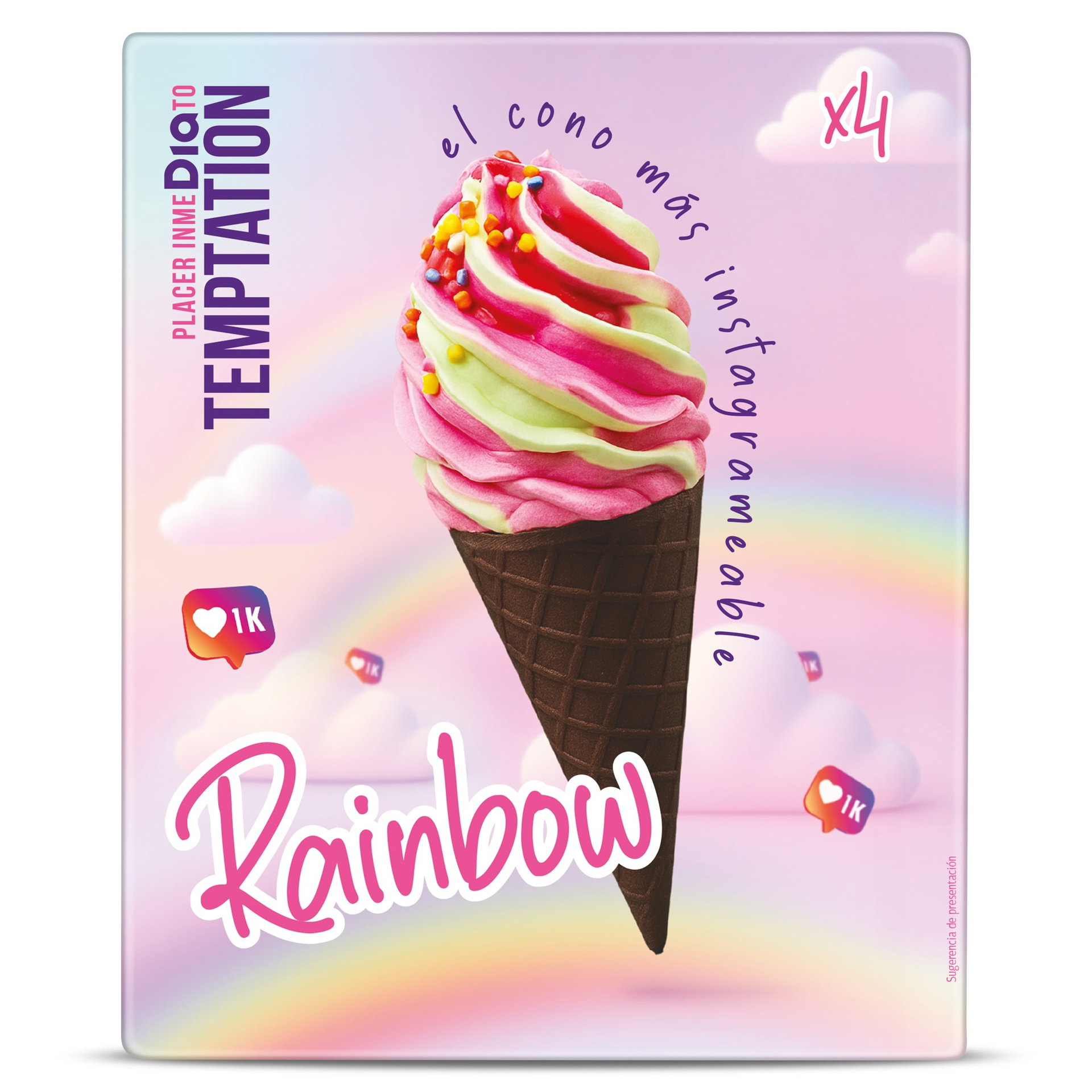 Cono de helado Rainbow con helado rosa y verde, sprinkles, fondo rosa con arcoíris e iconos de me gusta.