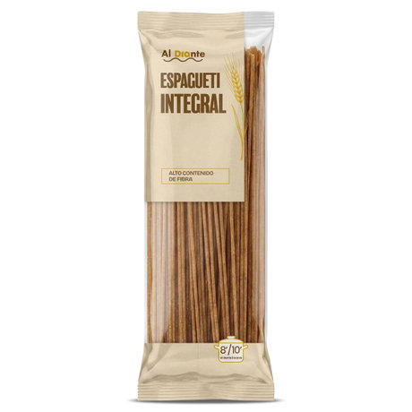 Paquete de espagueti integral Al Diante en bolsa transparente, alto contenido de fibra.
