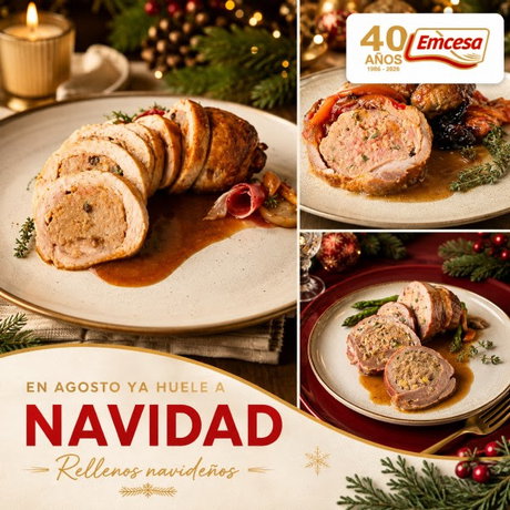 Rollo de carne relleno navideño en salsa, servido en platos festivos y con el logo Emcesa visible.