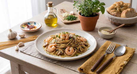 Plato de espaguetis con gambas y champiñones sobre mesa con aceite, ajo, queso rallado y pan.