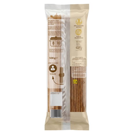 Paquete de espaguetis integrales 500 g visto por la parte trasera con iconos Alto contenido de fibra, Fuente de proteínas y