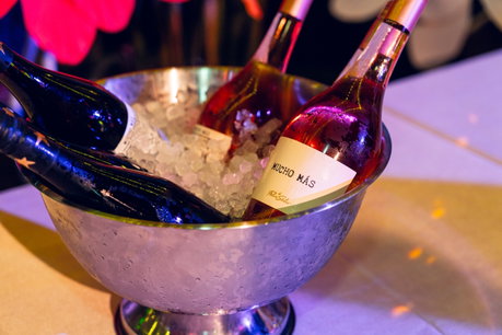 Cubeta metálica con hielo y botellas de vino Mucho Más de Félix Solís, rosado y tintos.