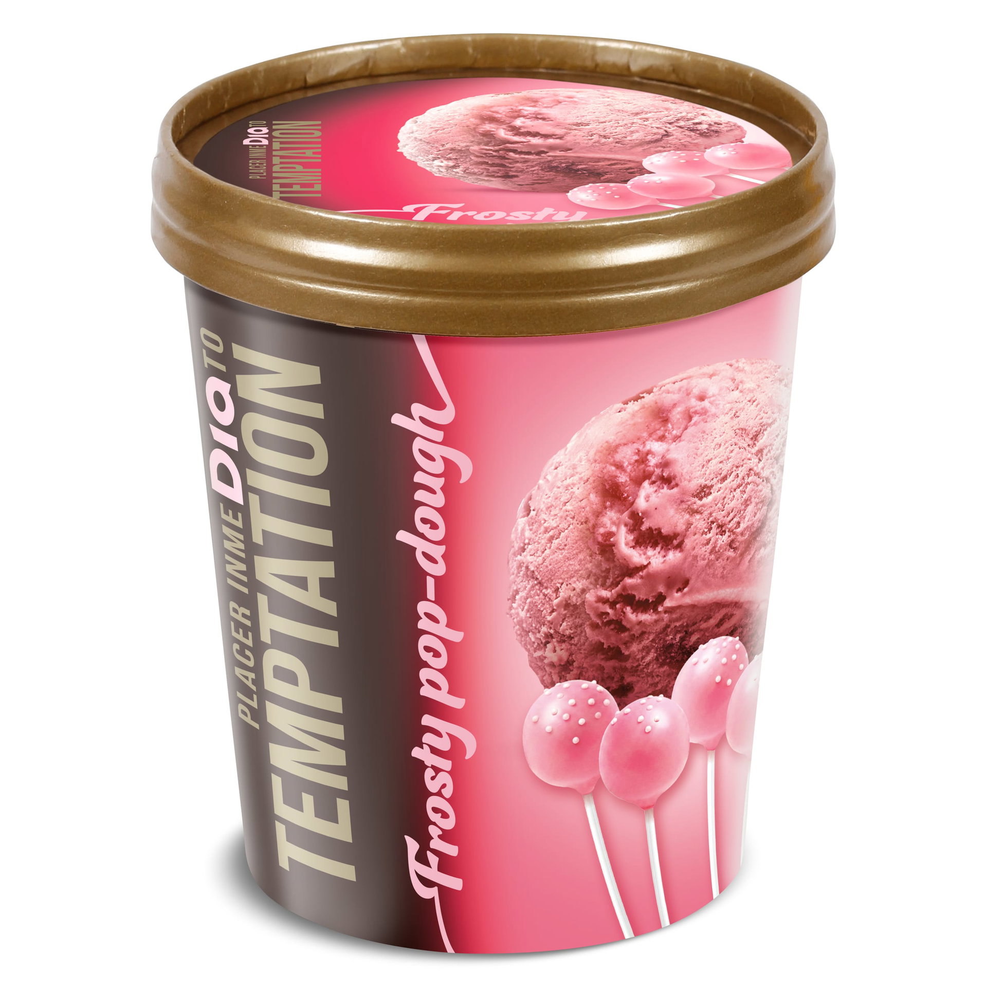 Tarrina de helado rosa con tapa dorada, imagen de bola de helado y piruletas rosas en el envase.