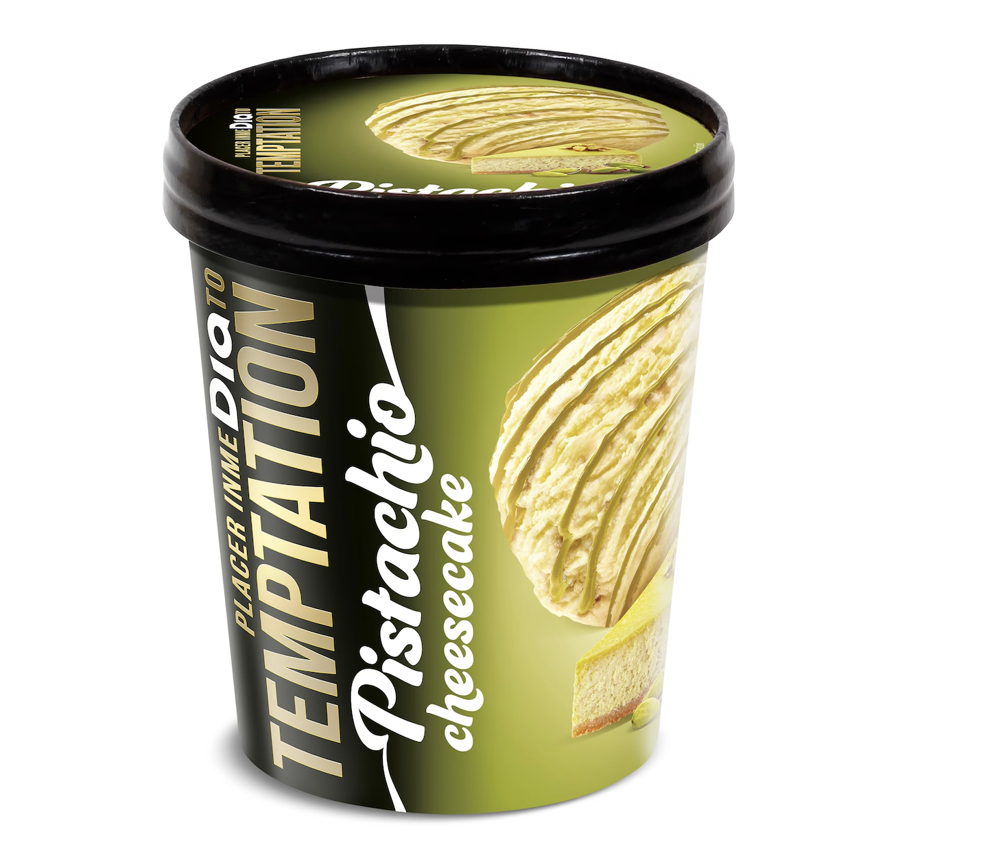 Tarrina de helado Temptation sabor pistacho y tarta de queso, con tapa negra y diseño verde.