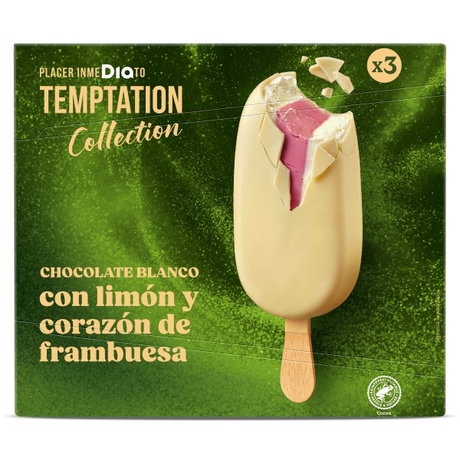 Barra de helado recubierta de chocolate blanco con corazón de frambuesa y palo de madera; packaging Temptation Collection en​