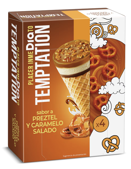 Caja de helados TEMPTATION sabor a pretzel y caramelo salado, cucurucho con cobertura y pretzels, pack x4.