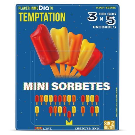 Caja de mini sorbetes TEMPTATION con paletas rojas y amarillas sobre fondo azul y etiqueta sin gluten.