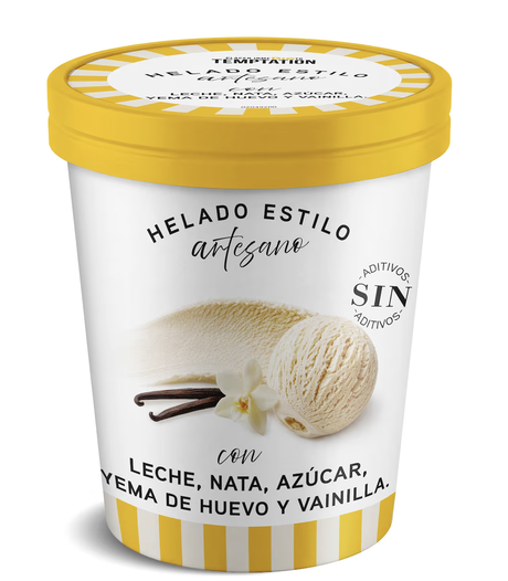 Tarrina de helado estilo artesano TEMPTATION sabor vainilla con bola de helado, vaina de vainilla y tapa amarilla.