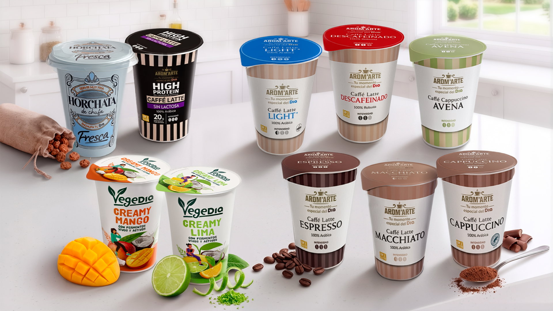 Vasos individuales de yogur y bebidas vegetales con envases Vegedia y AROMARTE, sabores mango, lima, espresso, cappuccino y H
