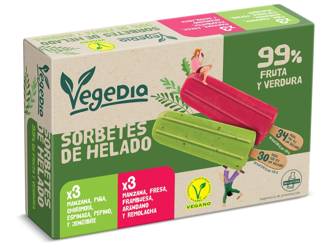 Caja de sorbetes de helado Vegedia con polos verde y rojo, 99% fruta y verdura y sello vegano.