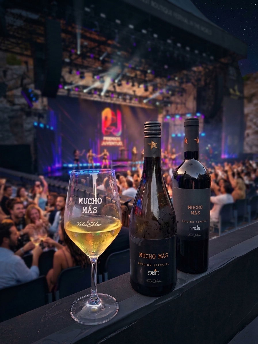 Copa de vino blanco y dos botellas MUCHO MÁS edición especial Starlite sobre una barandilla en concierto al aire libre.