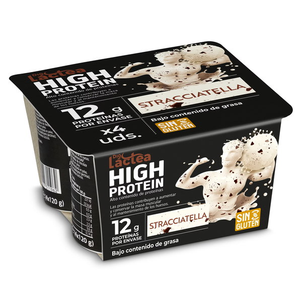 Pack de 4 yogures Dia Láctea sabor stracciatella, alto contenido de proteínas (12 g por envase) y sin gluten.