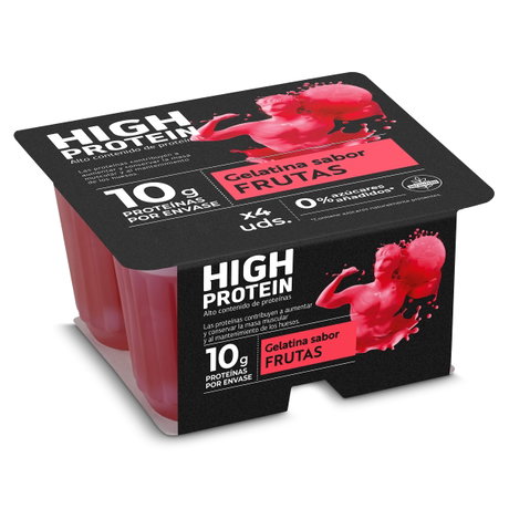 Envase de gelatina High Protein sabor frutas en pack de cuatro, color rosa con etiqueta negra y 10 g proteínas por envase.