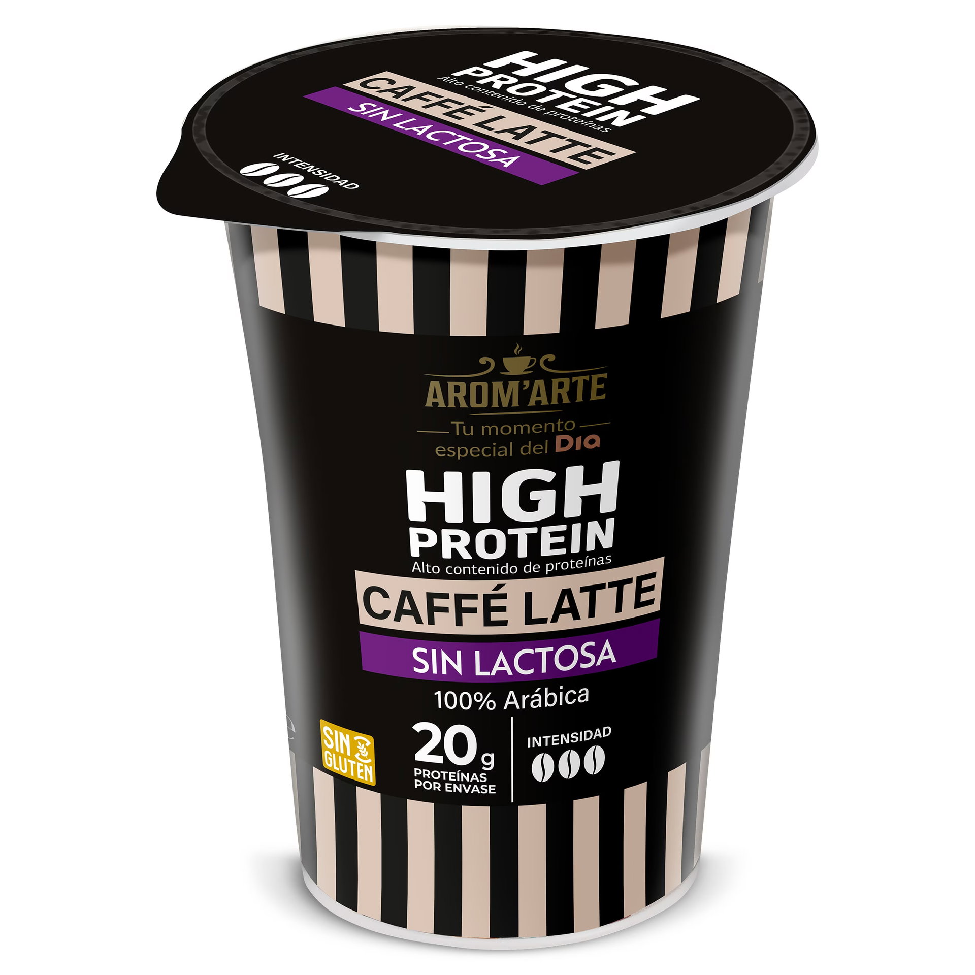Vaso de café High Protein café latte sin lactosa de AROM'ARTE y Dia, 20 g de proteínas y etiqueta sin gluten.