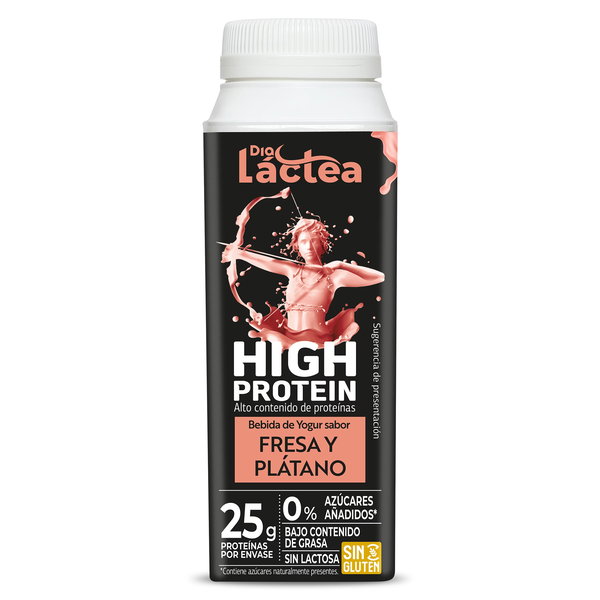 Envase de bebida de yogur alto contenido de proteínas de Dia Láctea sabor fresa y plátano, etiqueta negra y rosa.