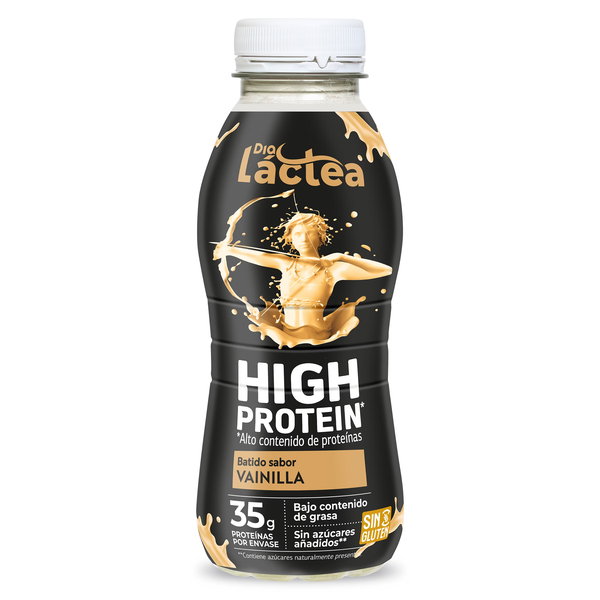Botella de batido High Protein sabor vainilla de Dia Láctea con etiqueta negra y detalles dorados.