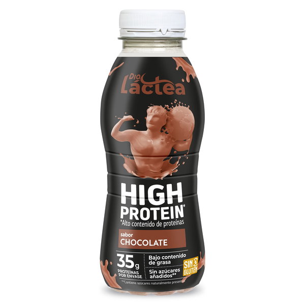 Botella de bebida proteica Dia Láctea sabor chocolate, alto contenido de proteínas (35 g) y sin gluten.