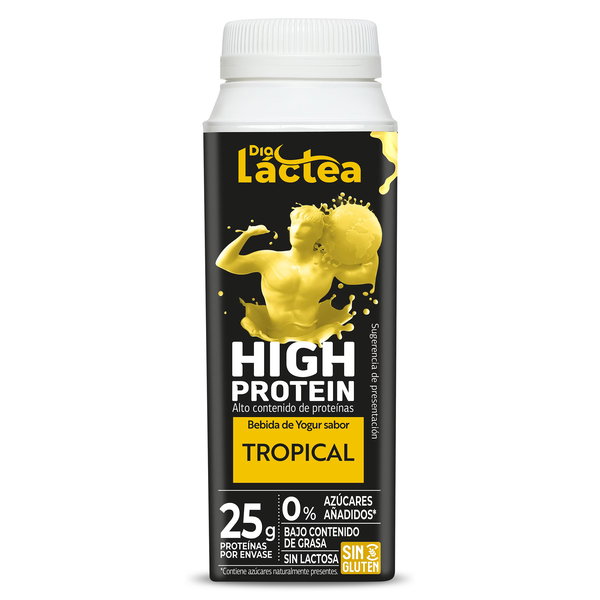 Envase de bebida de yogur Dia Láctea sabor tropical, alto en proteínas con 25 g por envase, sin lactosa ni gluten.
