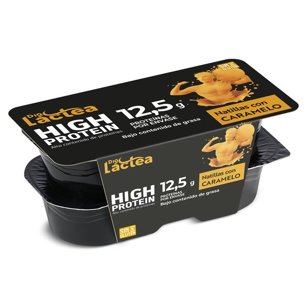 Pack de natillas con caramelo de Dia Láctea en formato doble negro, alto en proteína (12,5 g) y sin gluten.