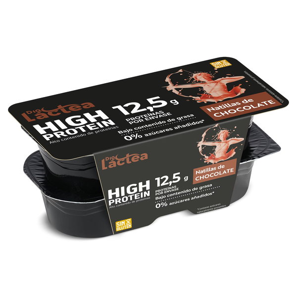 Envase doble de natillas de chocolate High Protein de Dia Láctea con 12,5 g de proteínas por envase y sello sin gluten.