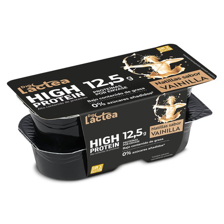 Pack de dos natillas sabor vainilla Dia Láctea, alto contenido en proteínas 12,5 g por envase y sin gluten.