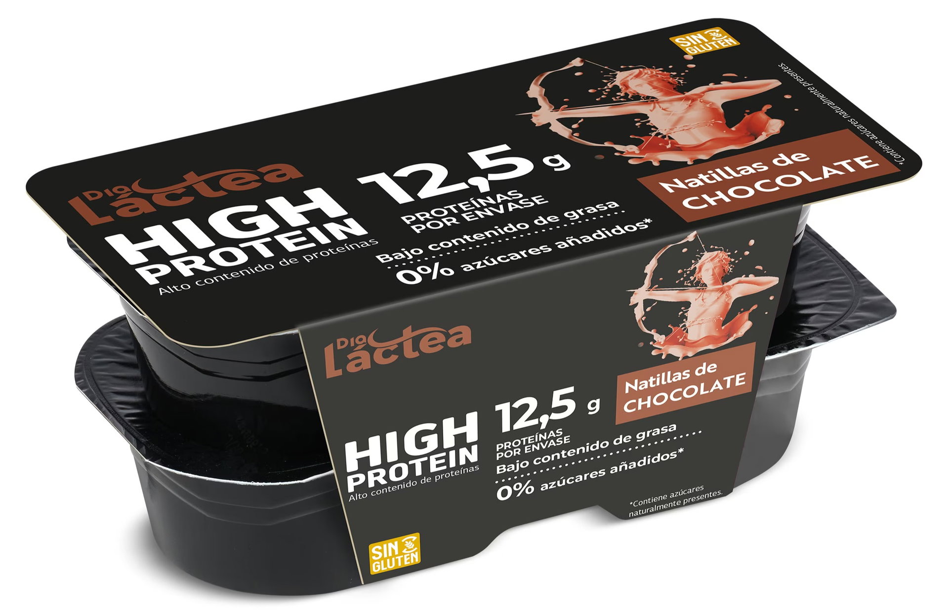 Envase doble de natillas de chocolate High Protein de Dia Láctea con 12,5 g de proteínas por envase y sello sin gluten.