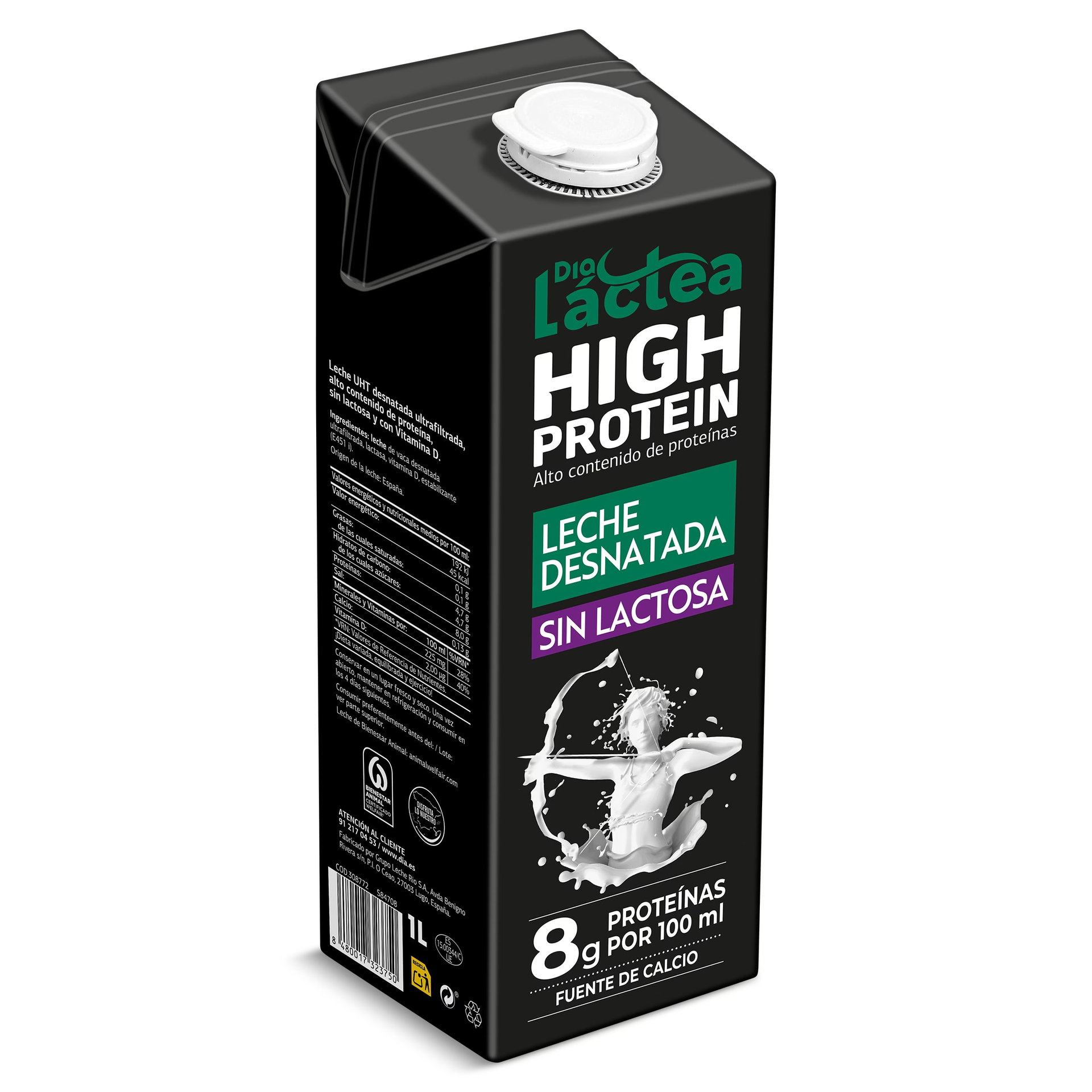Brik de leche desnatada sin lactosa High Protein de DIA Láctea, envase 1 L con indicación 8 g proteína por 100 ml.