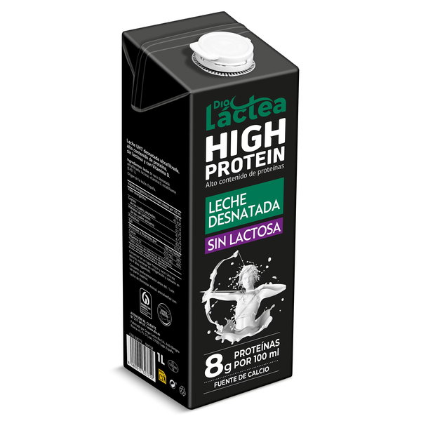 Brik de leche desnatada sin lactosa High Protein de DIA Láctea, envase 1 L con indicación 8 g proteína por 100 ml.
