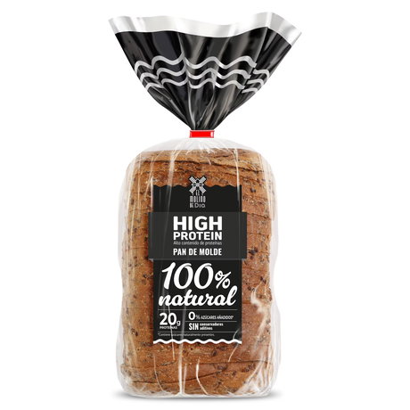 Pan de molde Molino de DIA con etiqueta High Protein (alto contenido en proteínas), 100% natural en envase transparente.