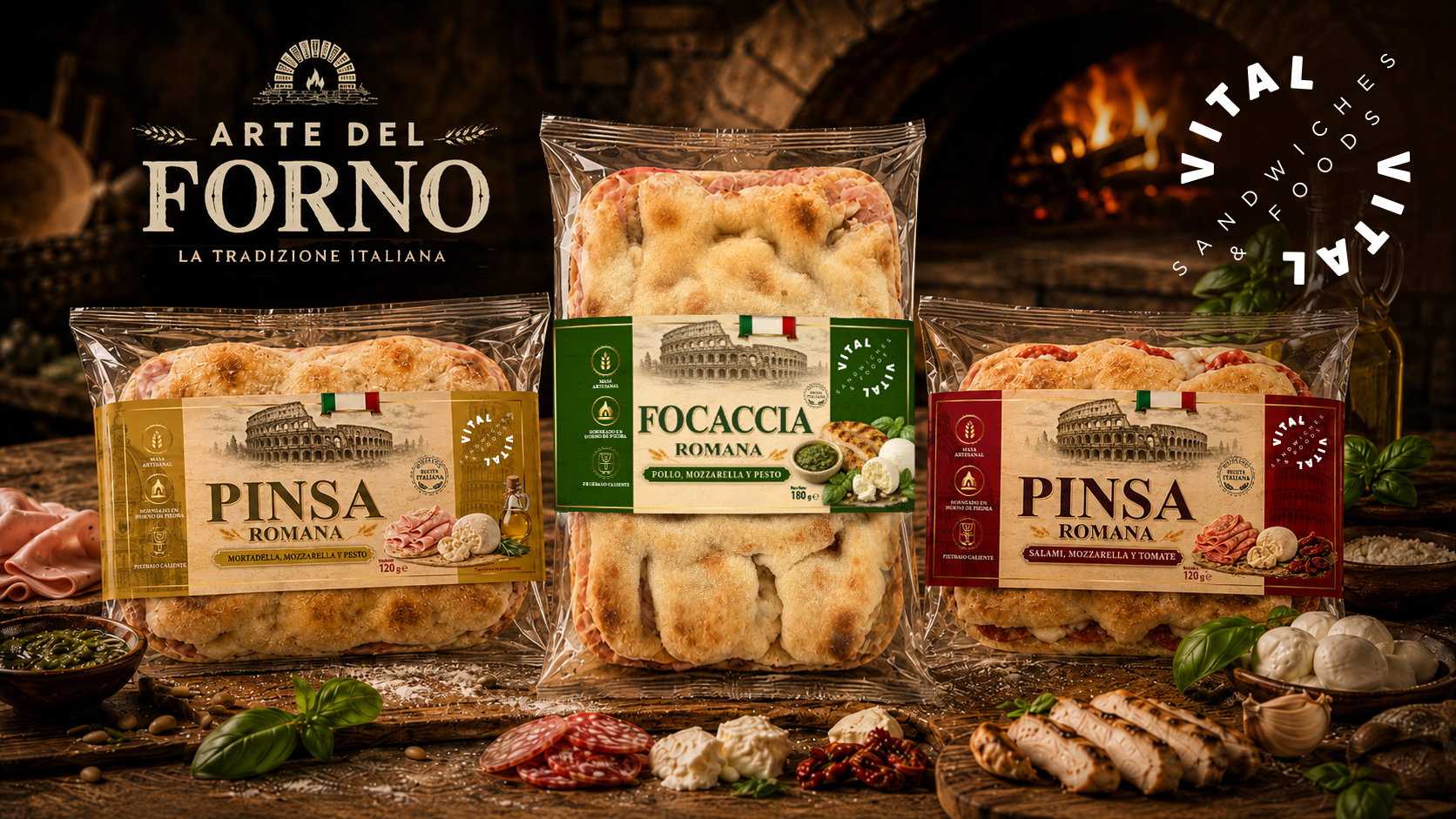 Pinsa romana y focaccia romana en envases transparentes con los logos Arte del Forno y VITAL sobre mesa rústica con ingredien