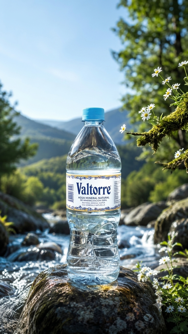 Botella de agua Valtorre sobre una roca en un río de montaña con flores silvestres.