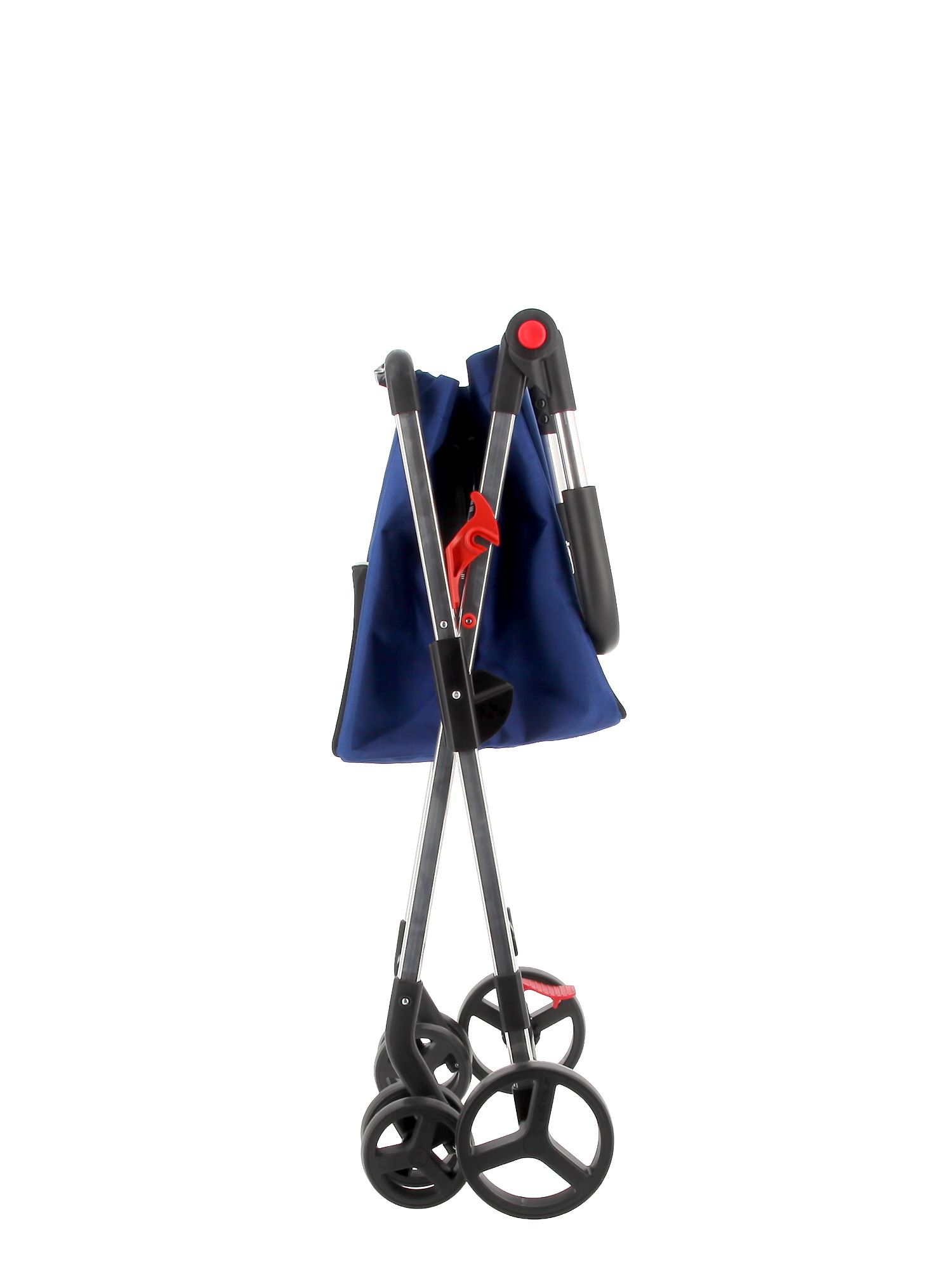 Carrito de la compra plegado con bolsa azul, chasis metálico y ruedas triples negras con detalles rojos.